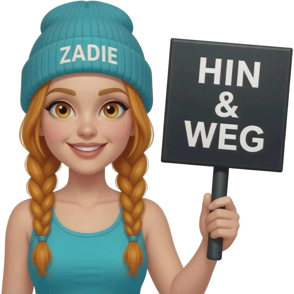 sexy girl with overlong ginger braids and ginger eyes wearing a turquoise tanktop and a turquoise beanie with ZADIE written on it, is holding a black sign with HIN & WEG written on it emoji