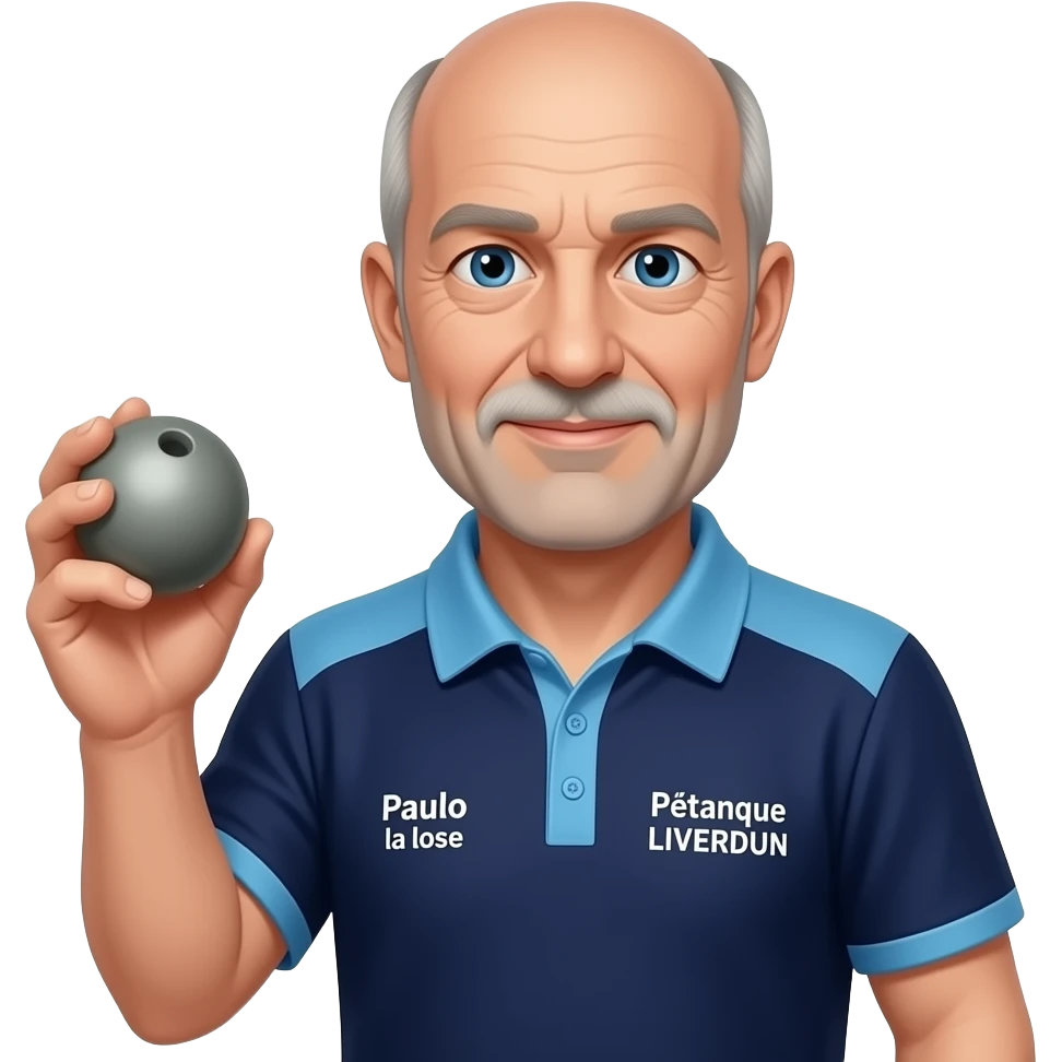 tête homme 60 ans yeux bleus sans un seul cheveu avec boule de pétanque grise à la main sur maillot bleu foncé avec col trois boutons bleu clair et avec épaules seules bleu clair coté bras bleu foncé droit Pétanque LIVERDUN, côté gauche "Paulo la lose"" emoji