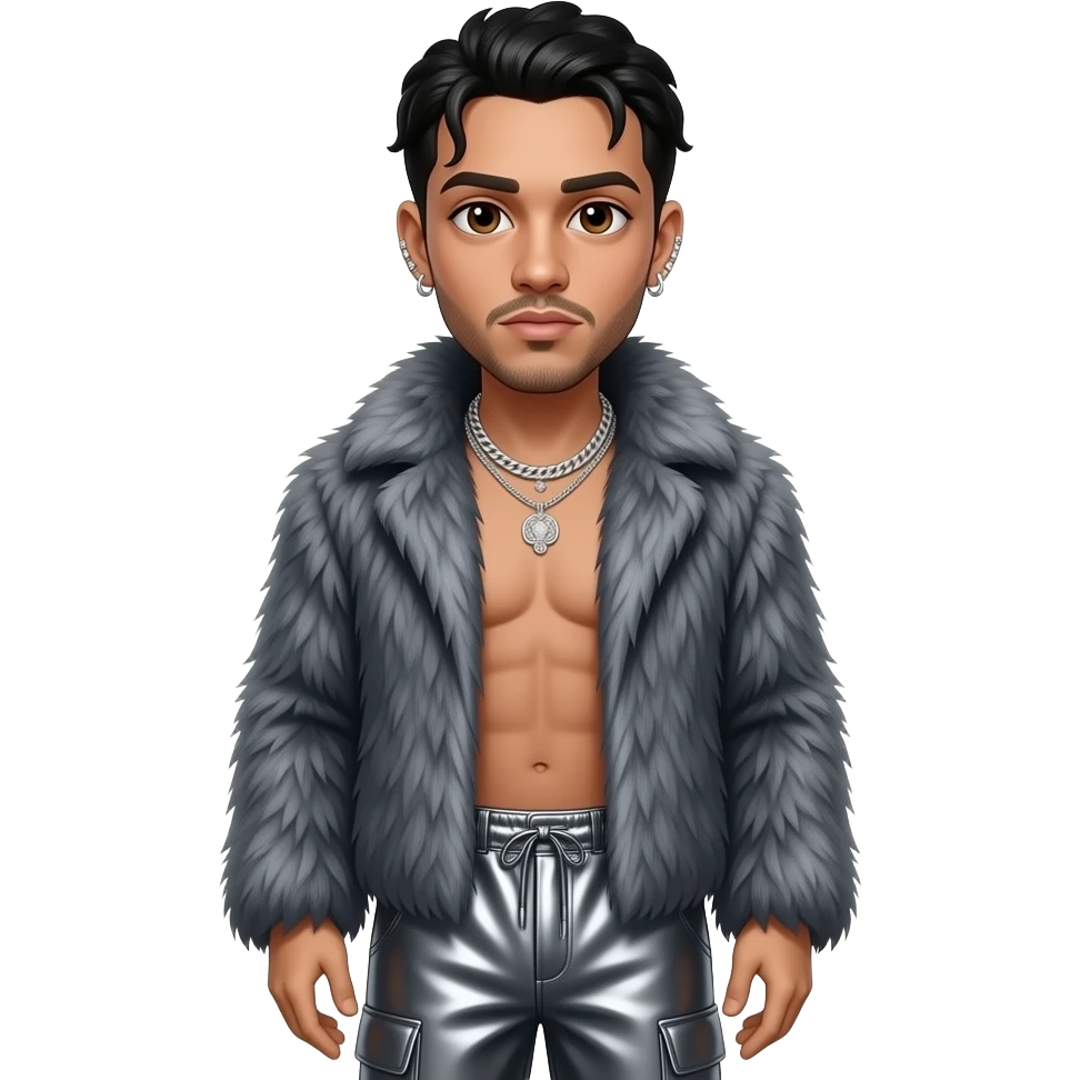 Bad Bunny with brown eyes, black hair, charcoal gray fur shawl, charcoal gray metallic baggy pants, shirtless with necklace and earrings emoji