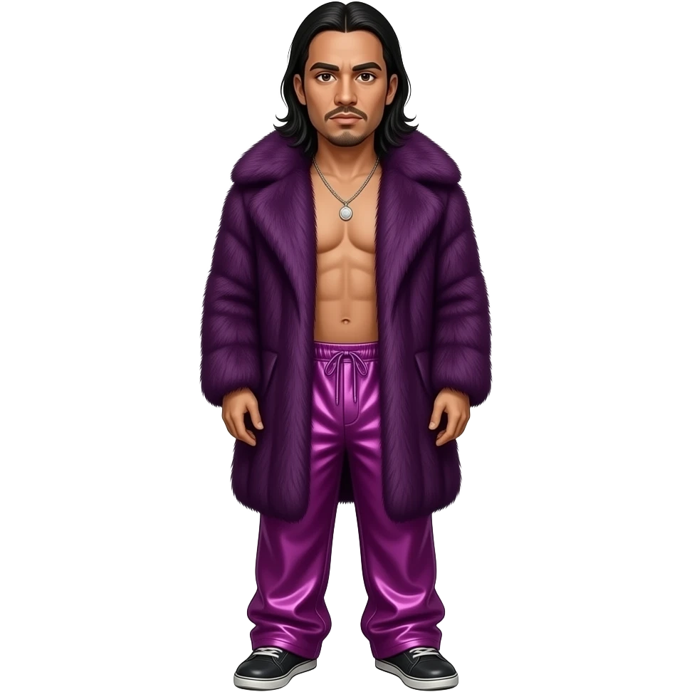 Chino Moreno with brown eyes, black hair, deep purple fur shawl, magenta metallic baggy loose pants, shirtless with necklace emoji