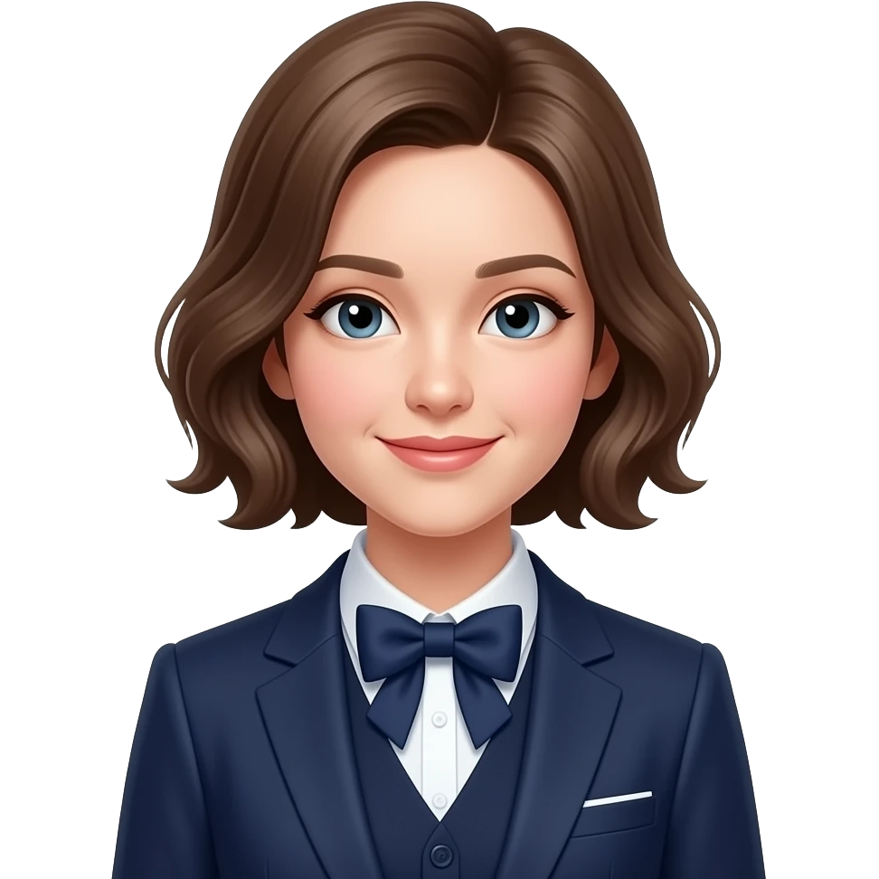 A medium shot captures a young woman with short, wavy brown hair and fair skin. She has a slight smile. She wears a crisp white collared shirt with a dark blue bow tie, layered under a dark blue vest and a matching blazer. emoji