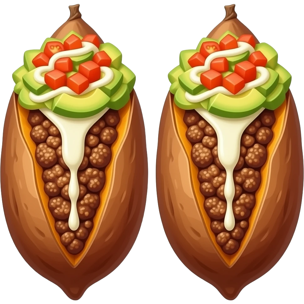 2 Batatas rellenas de carne picada, con trozos de tomate por encima, aguacate revuelto por encima y salsa ranchera emoji