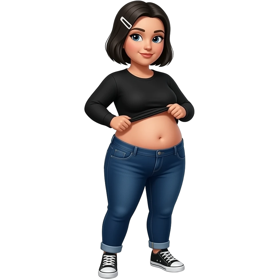White woman with black short hair, white hair clip on the left of her hair, plain black long sleeve shirt, dark blue jeans, white and black sneakers, and a chubby body lifting her shirt to move her belly emoji