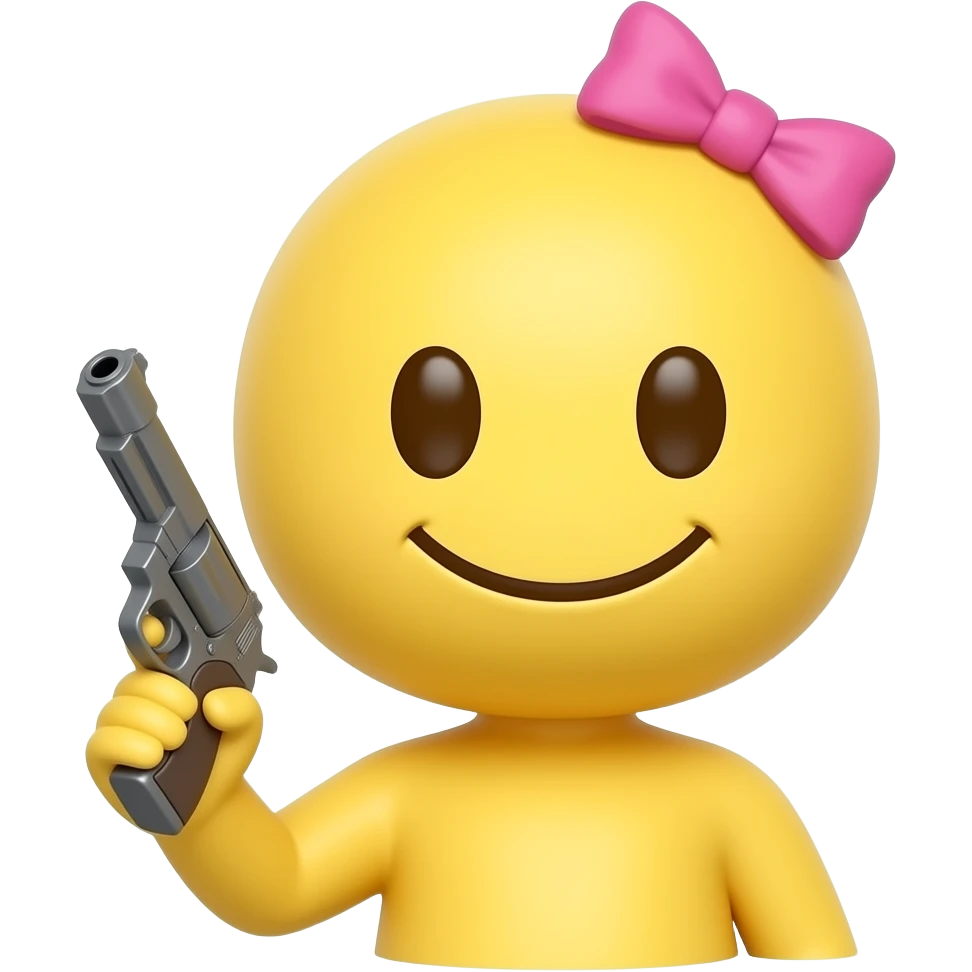 A yellow figur round head weird smile pink bow on head  and gun in hand only head i emoji