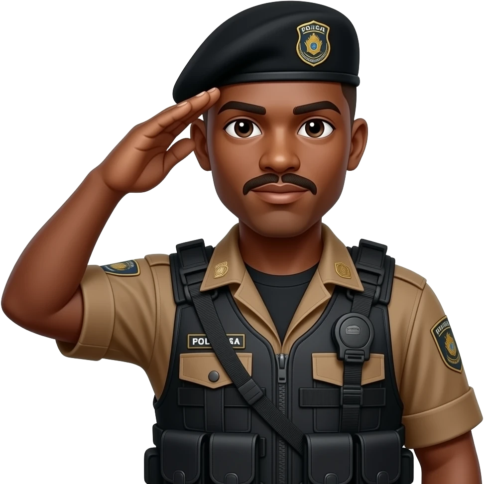 Sargento  Policial militar do Paraná masculino negro de bigode  com cabelo raspado com bigode  boina preta e farda tatica marrom e camiseta preta por dentro da farda, sem detalhes em preto na farda por fora  prestando continência emoji