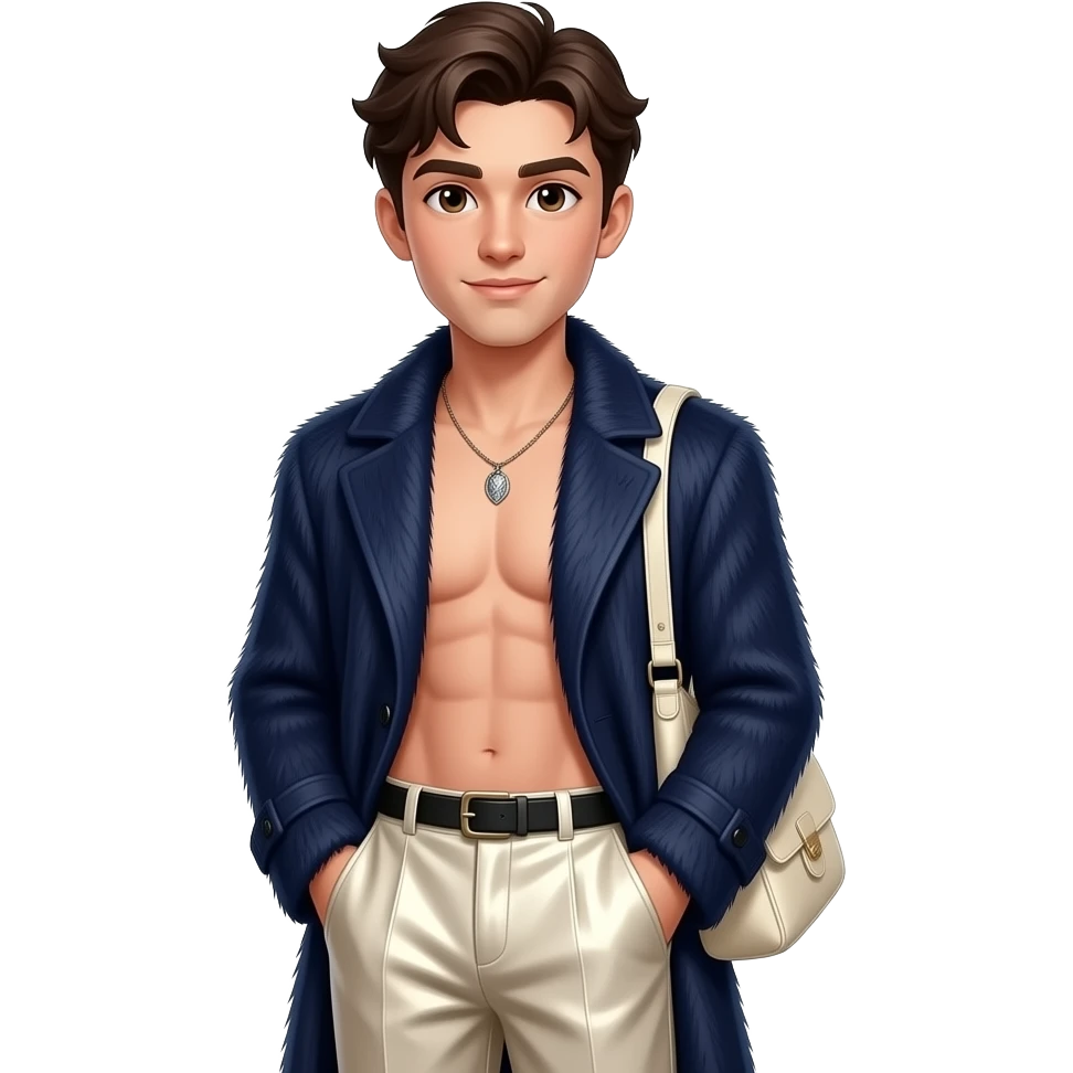 Jonathan Bailey with brown eyes, dark brown hair, navy blue fur coat, cream metallic baggy pants, shirtless with necklace emoji