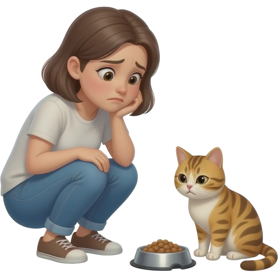 Una mujer preocupada mirando a su gato que no quiere comer de su plato. Ella está agachada frente al gato con expresión de angustia y cuidado, mientras el gato ignora la comida con actitud indiferente. Ambiente hogareño y tierno. emoji
