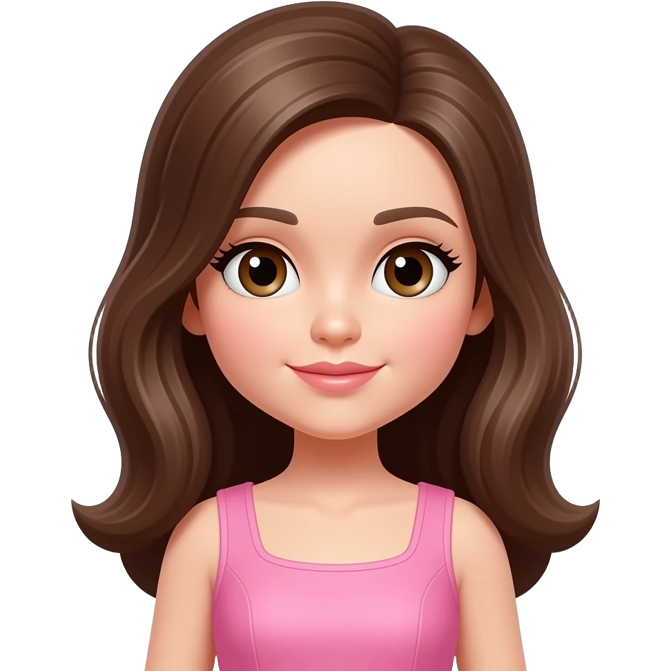 Cabello marrón, ojos cafés , vestido de muñeca rosa, piel de juguete emoji