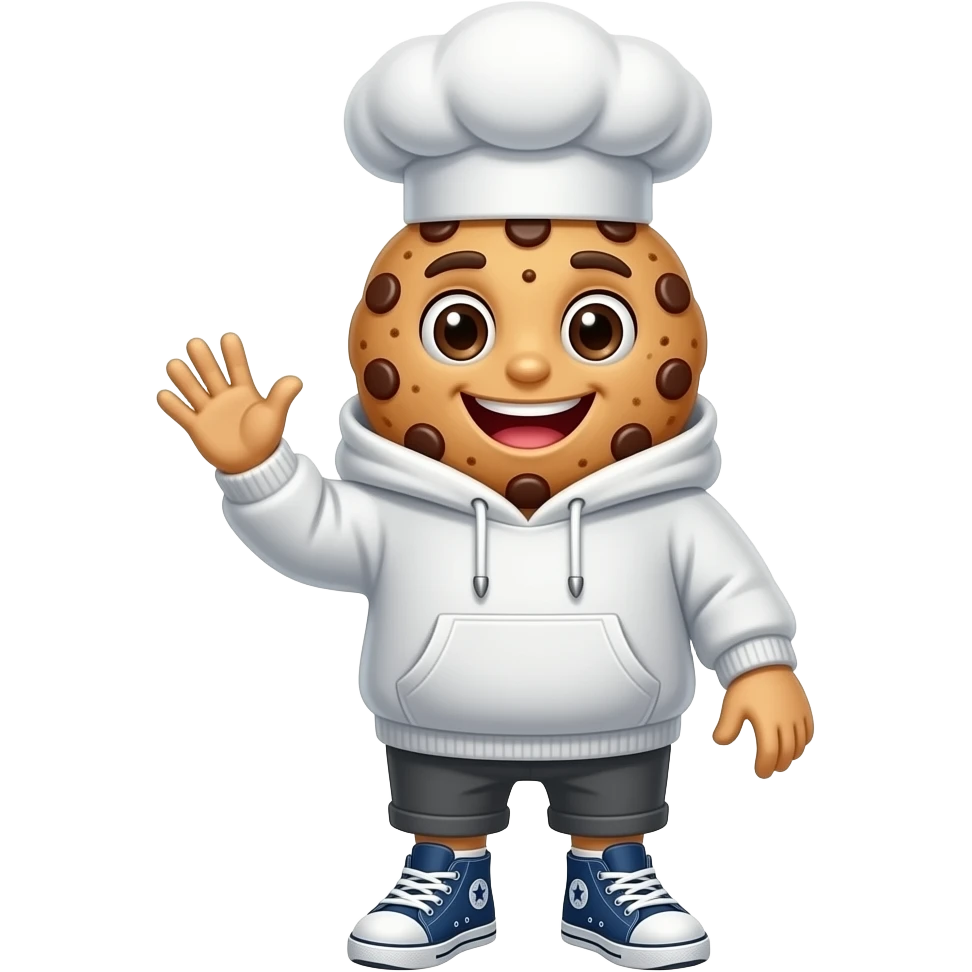 Full-body mascot of a chocolate chip cookie wearing a cozy baker ...