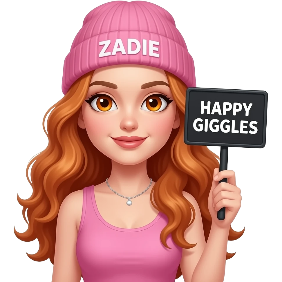 sexy girl with overlong wavy ginger hair and ginger eyes wearing a pink tanktop and a pink beanie with ZADIE written on it, is holding a black sign with HAPPY GIGGLES written on it emoji