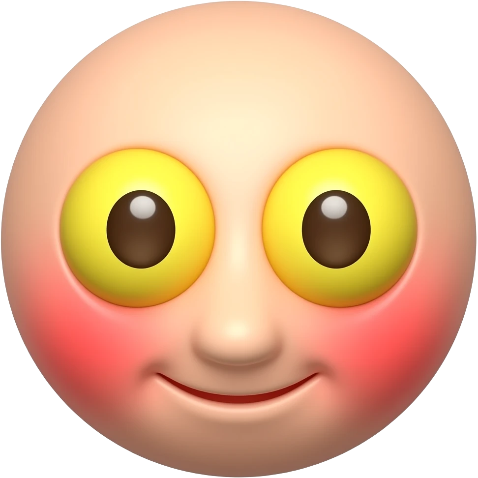 빨간 얼굴의 홍조를 하고 있는 노란 눈알   갈색 동공의 귀여운 만화 입체적 이모티콘 emoji