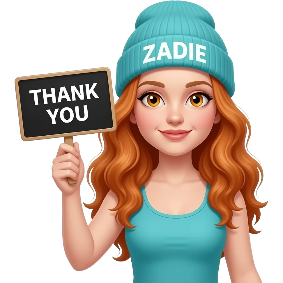 sexy girl with overlong wavy ginger hair and ginger eyes wearing a turquoise tanktop and a turquoise beanie with ZADIE written on it, is holding a black sign with THANK YOU written on it emoji
