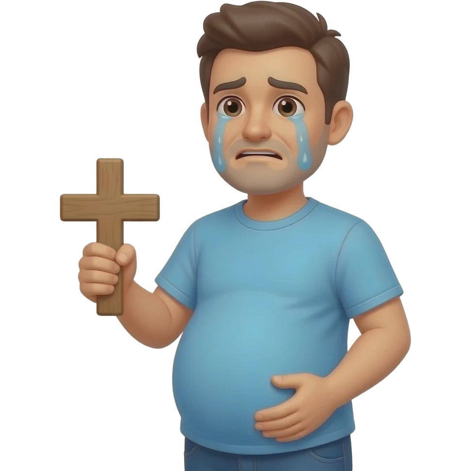 Pregnant man with 🥹 and 😭 face holding a crossing with white background emoji