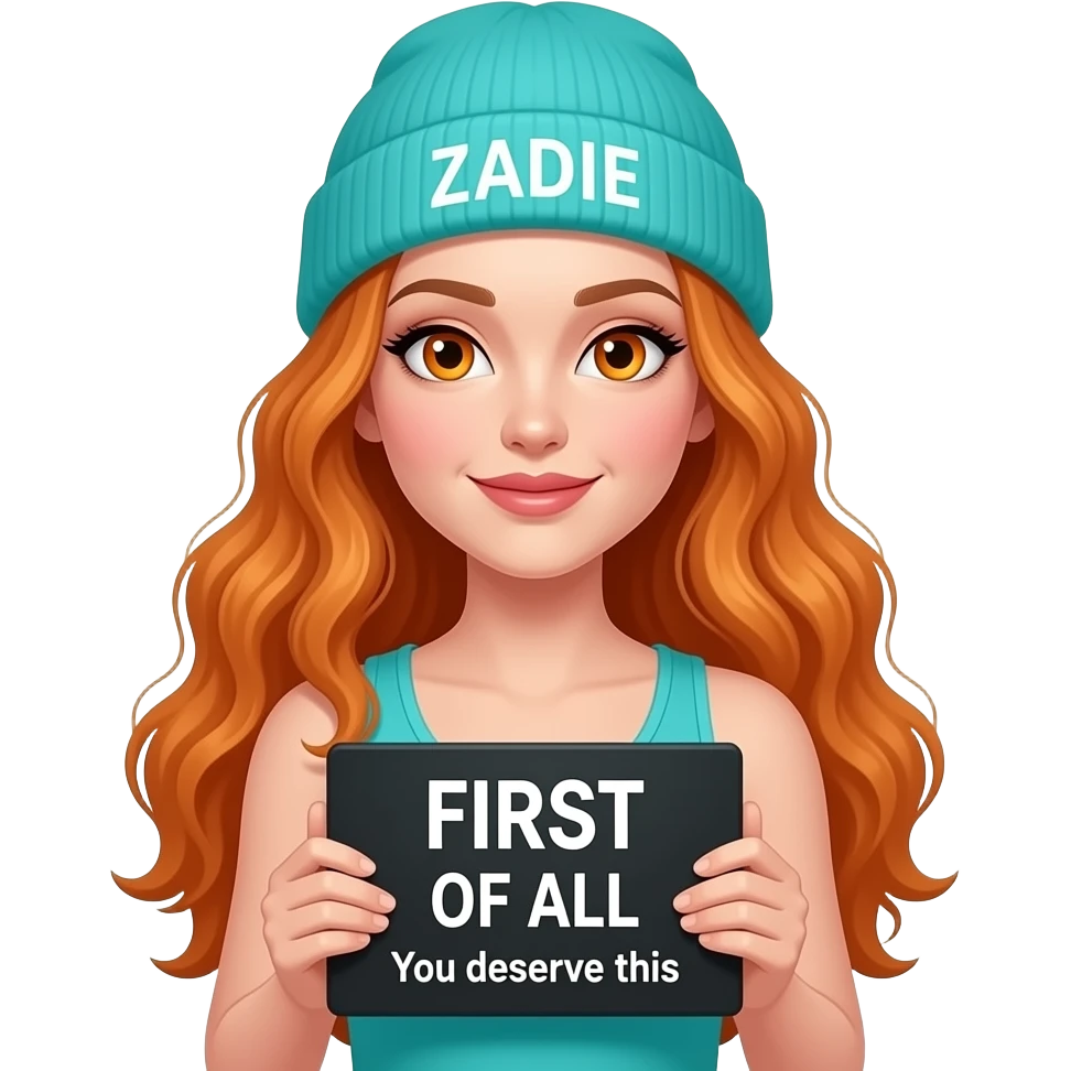 sexy girl with overlong wavy ginger hair and ginger eyes wearing a turquoise tanktop and a turquoise beanie with ZADIE written on it, is holding a black sign with FIRST OF ALL You deserve this written on it emoji