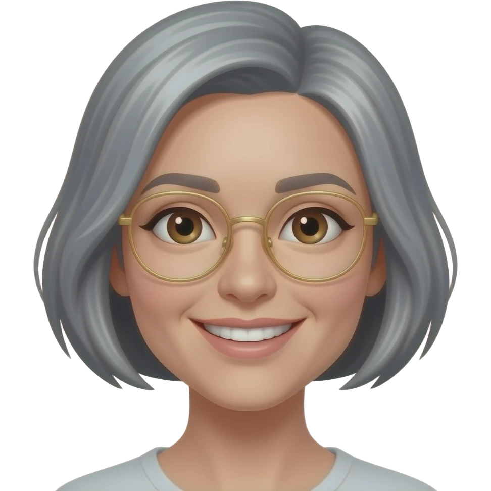 female, salt and pepper hair, bob cut, no bangs, chocolate brown eyes, gold wire-rimmed eyeglasses, teeth showing with her smile, slightly rounder jawline emoji