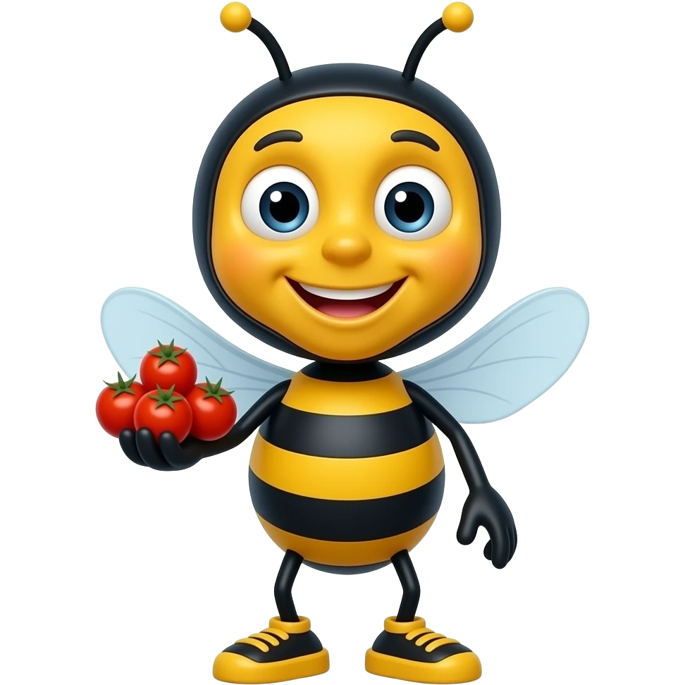 A friendly cartoon bumblebee cheerfully recommending its sweet date grape tomatoes emoji