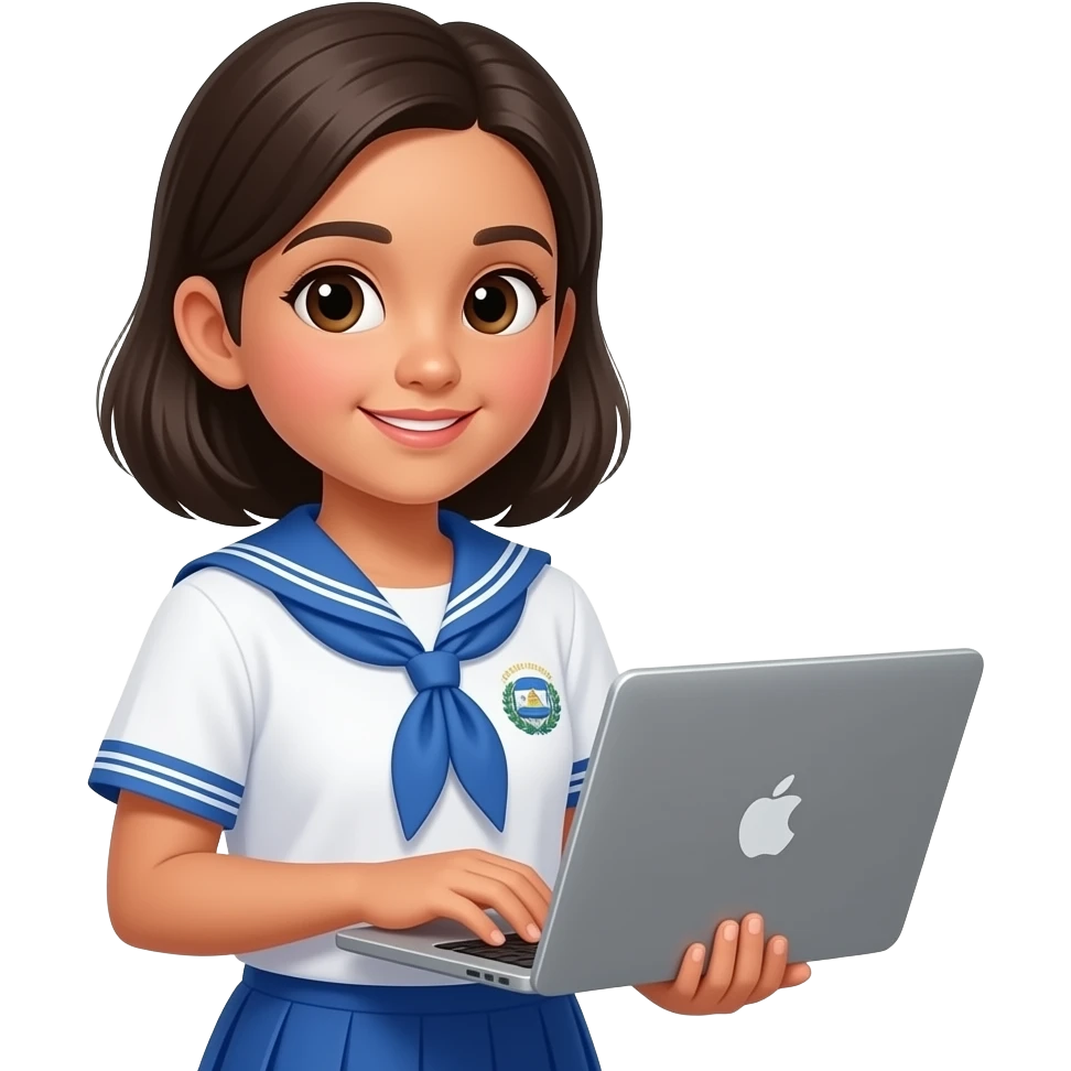 Una niña con el uniforme de escuela salvadoreña con su computadora emoji