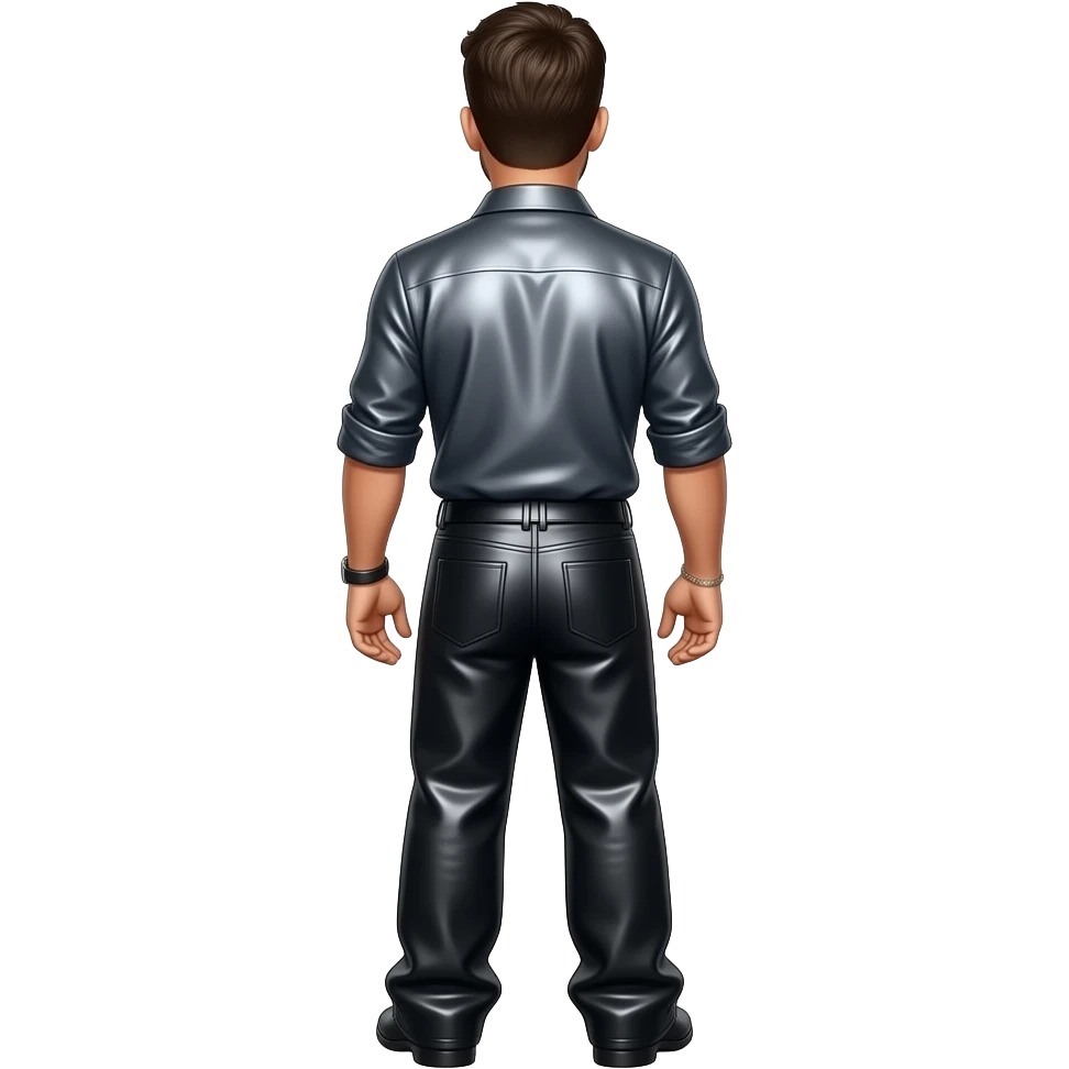 Ricky Martin from behind with dark grey metallic sleeve shirt, black metallic baggy pants emoji