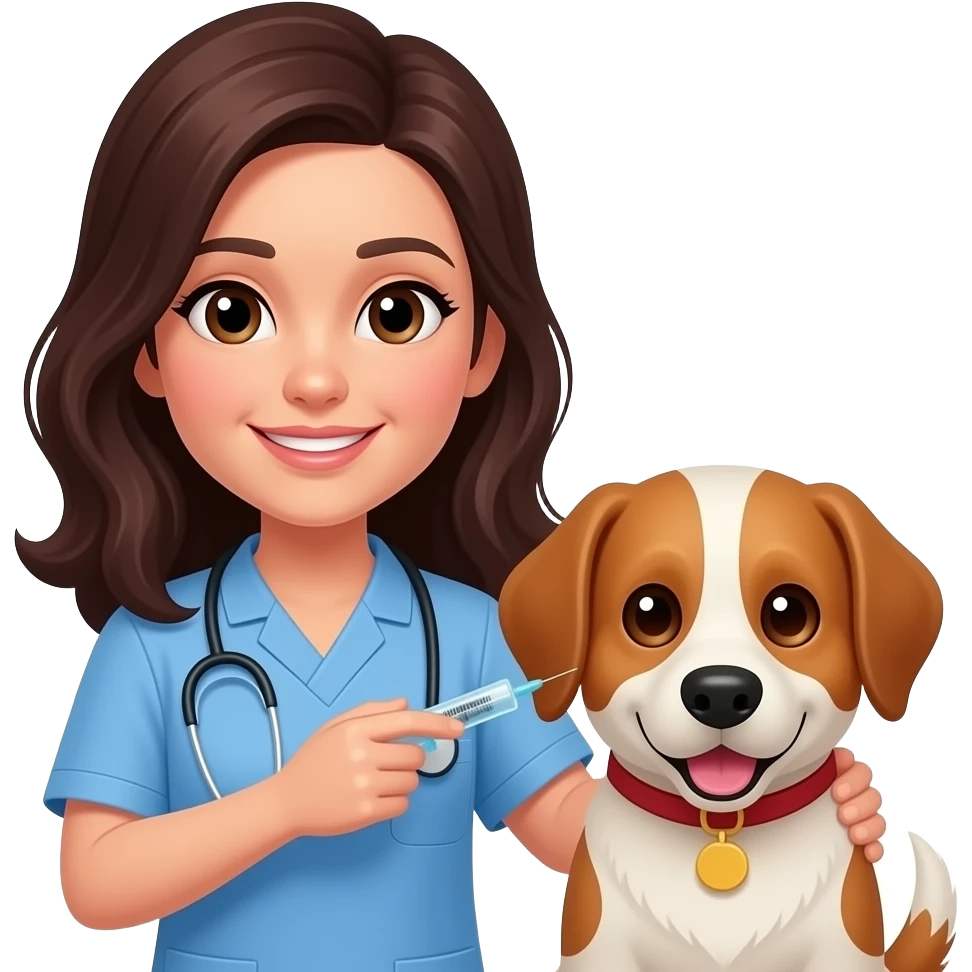 veterinaria mujer pelo morocha ojos oscuros vacunando a perro emoji