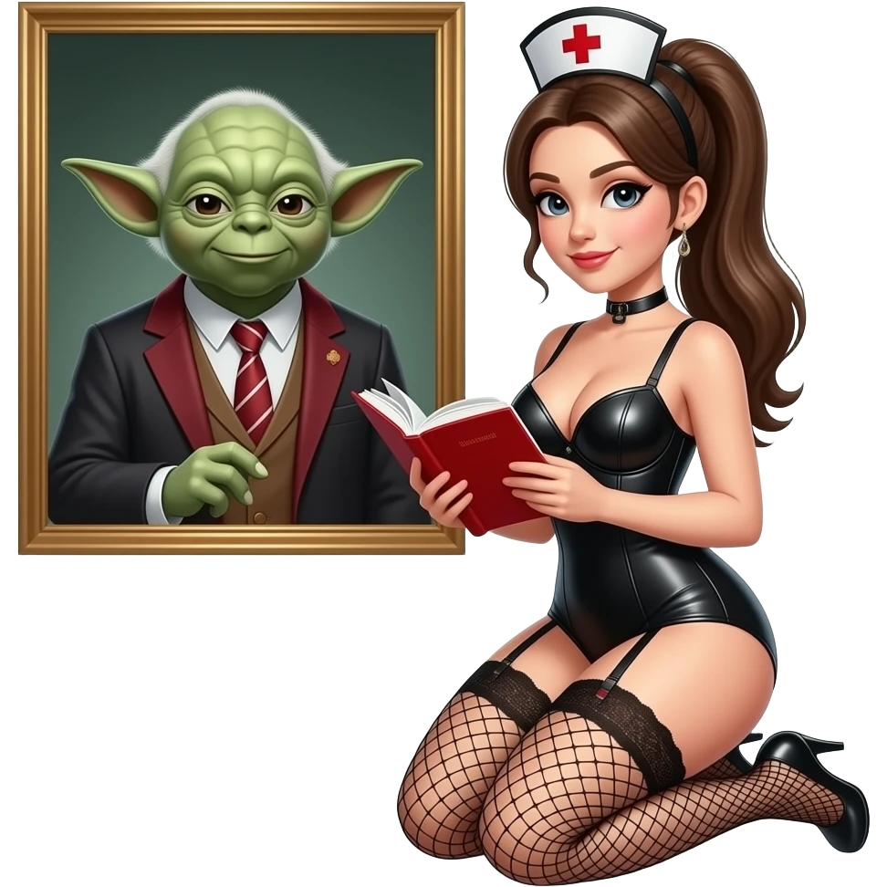 Nurse with pony tail in black mesh lingerie outfit,studying, with garter belt and large breasts, low cut black leather outfit, kneeling in front of schoolmaster yoda emoji
