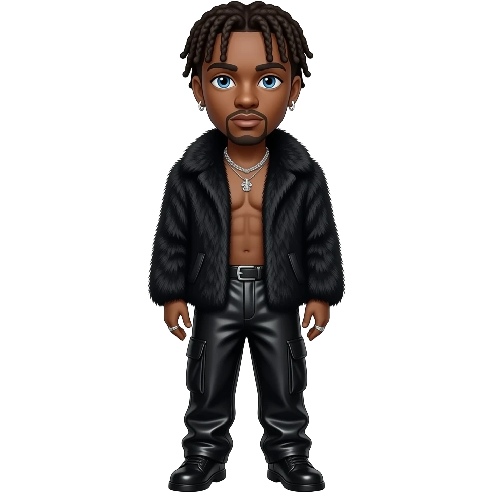 Jack Harlow with blue eyes, brown hair, black fur shawl, black metallic baggy pants, shirtless with necklace and earrings emoji