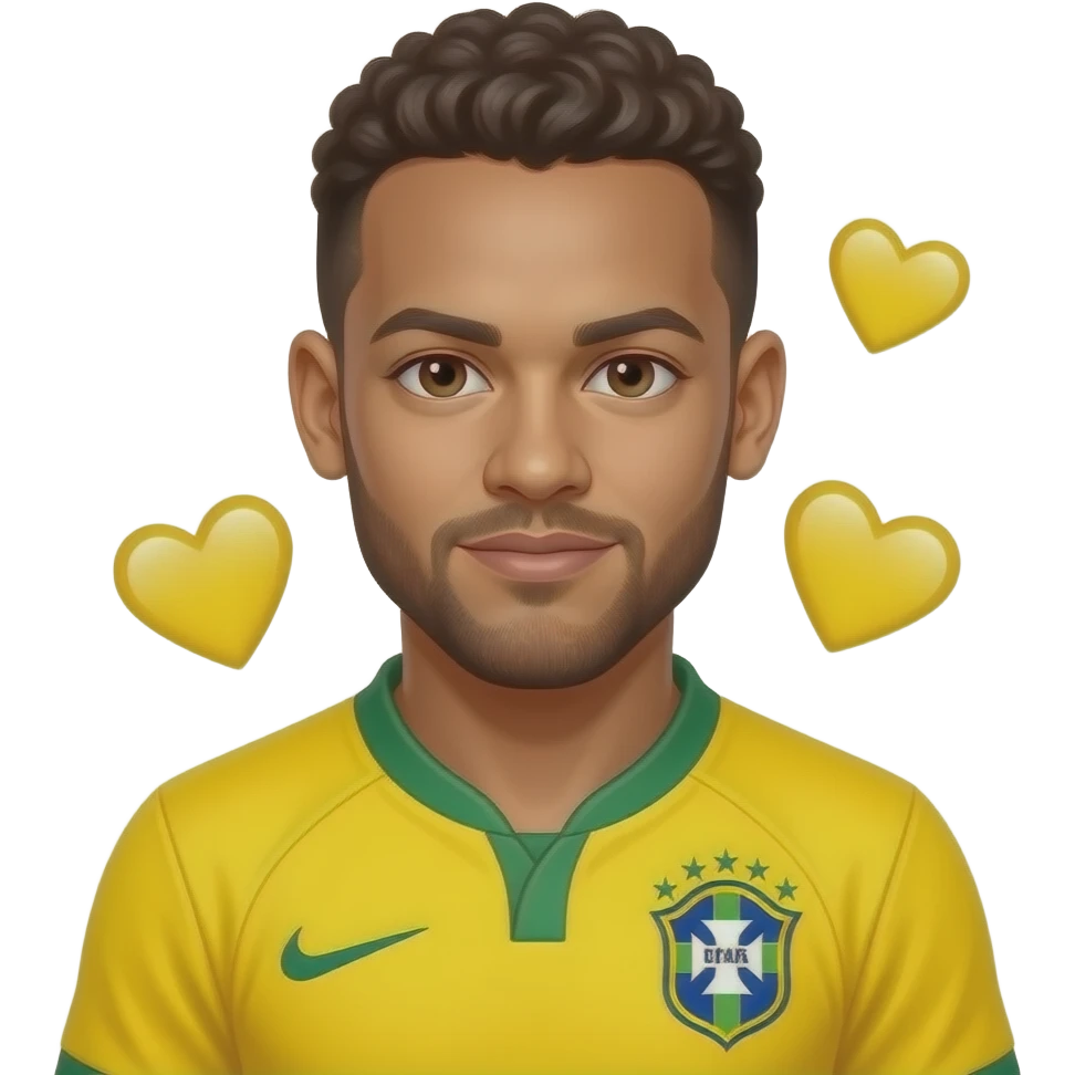 Neymar emoji, SAME Brazil jersey, chest-up, centered, 3 ❤️ randomly floating around face and jersey, glossy cartoon emoji style, no text. emoji