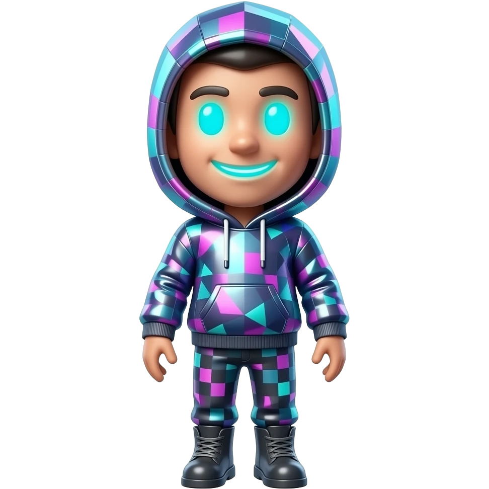 Glitch entity, full body, big head, small body, flickering pixel face ...