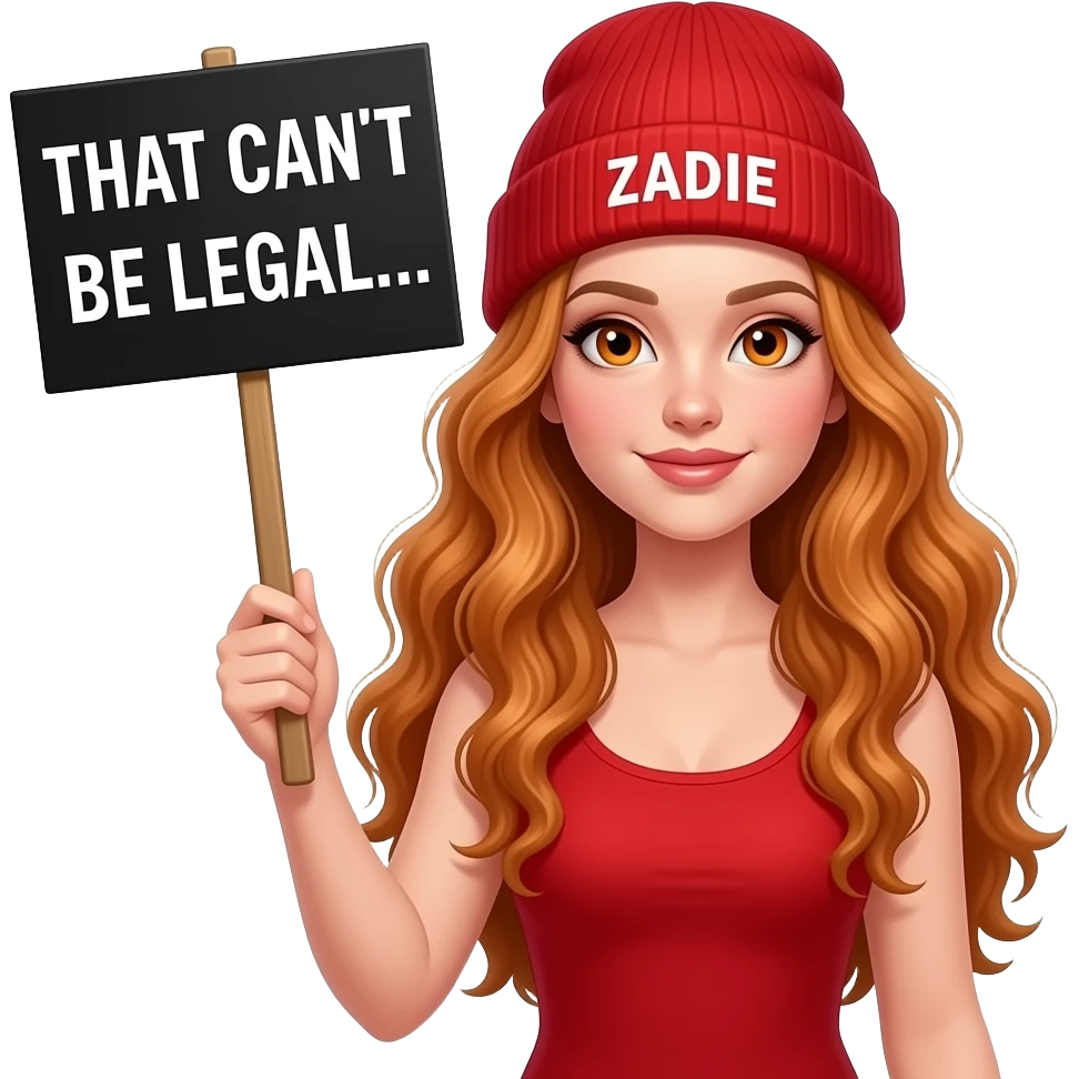 sexy girl with overlong wavy ginger hair and ginger eyes wearing a red tanktop and a red beanie with ZADIE written on it, is holding a black sign with THAT CAN'T BE LEGAL... written on it emoji