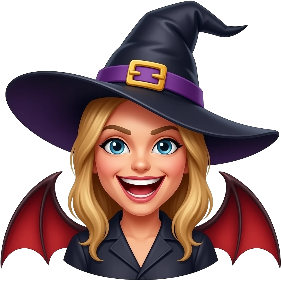 Cackling witch with mischievous devil emoji