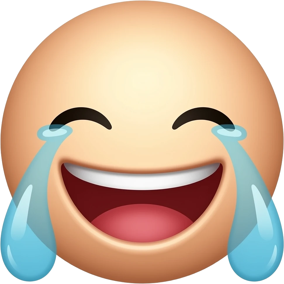 Faccia cartoon con testa grande e rotonda, occhi chiusi, grande sorriso, lacrime di risata, espressione felice ed esagerata, stile emoji, sfondo trasparente. emoji