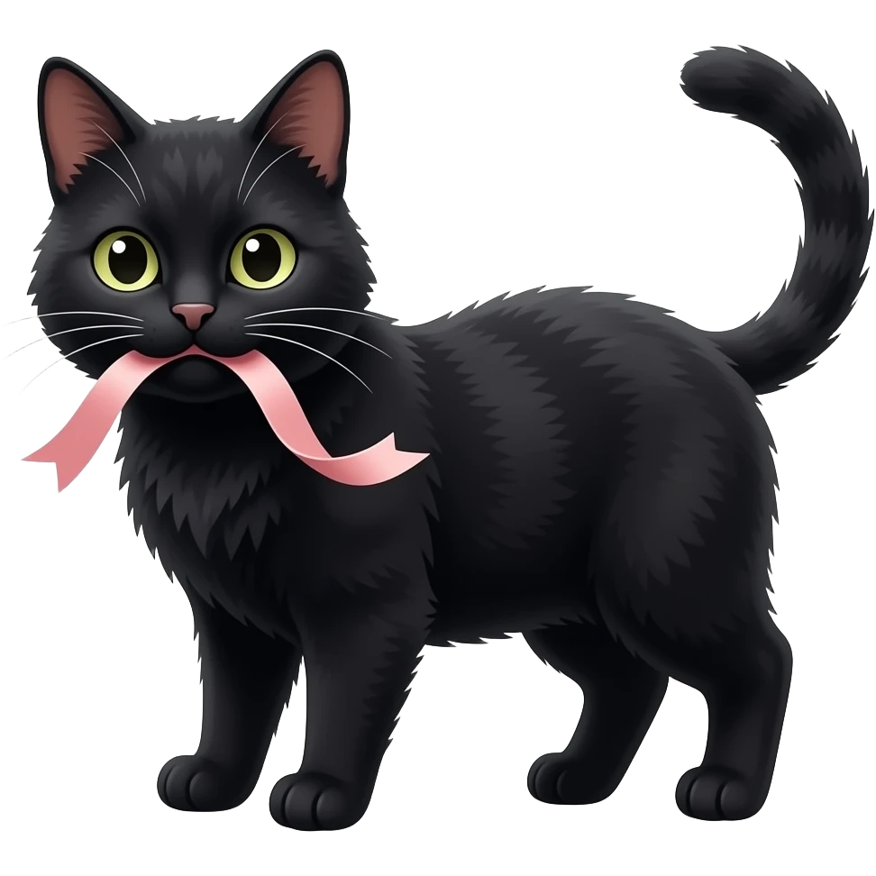 리본을 입에 물고있는 검은 고양이 emoji