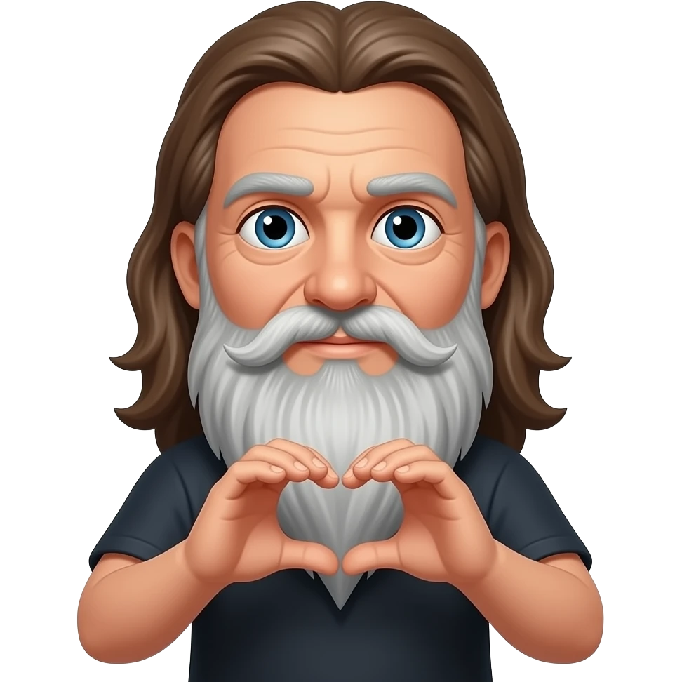 Long brown hair blue eyes long 60 year old grey beard stoner with heart hands hair straight back emoji
