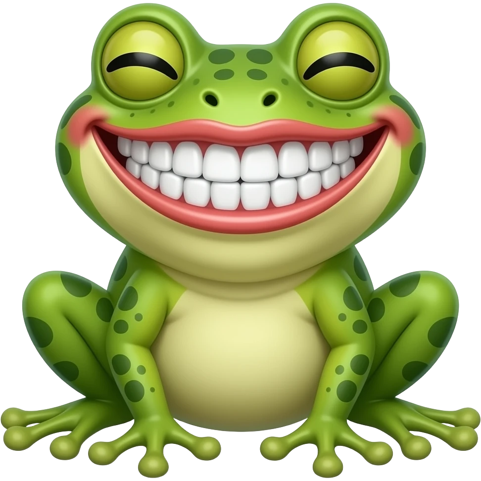 frog with a very wide, "Hollywood" smile. Lips stretched as far as possible to the ears, two rows of even white teeth visible. Eyes squinted merrily.  Key emotion: Joy, openness. emoji