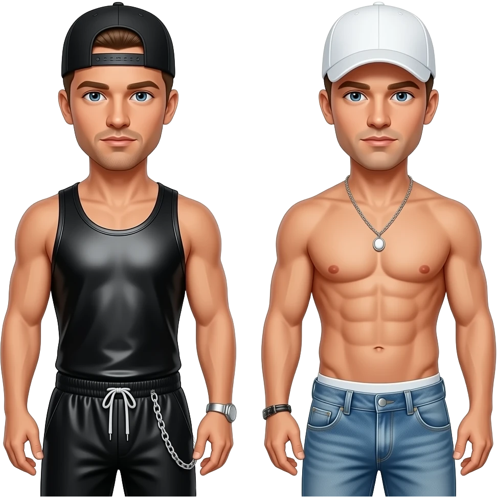 Donnie Wahlberg with black cap, black metallic tank top, black metallic baggy joggers with chain, Mark Wahlberg with white cap, denin baggy jeans with white undies, shirtless with necklace emoji