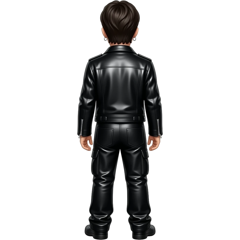 Bono from behind with long black hair, black vinyl jacket, black vinyl baggy pants, necklace and earrings emoji