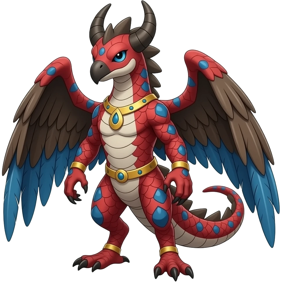 Red and blue and golden-girdled and dark brown feathery tribal beautiful gorgeous attractive pretty Raptorik scaley feathery horned Amaura-Wargreymon-Aurorus-ExVeemon-WereGarurumon-Pokémon-Fakémon-hybrid-fusion-creature, full body emoji
