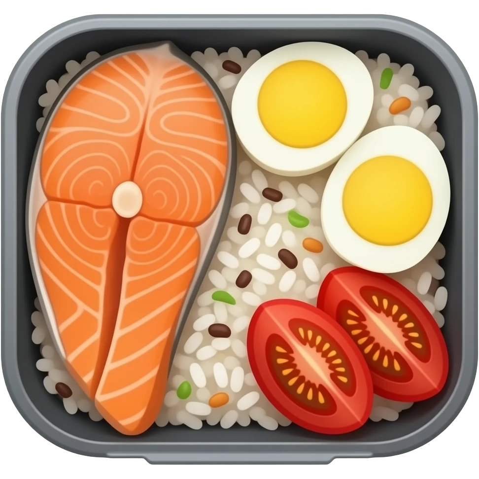 dark grey bento box top view (with fish, rice, eggs, tomatoes) emoji