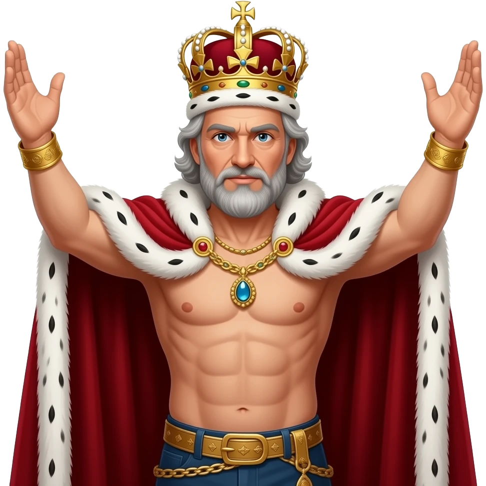 Portrait von einem König um die 40 mit leicht grauen Strähnen in den Haaren und Bart. er trägt eine prunkvolle königliche krone und Goldkette mit Edelsteinen. Er hat kein Hemd an aber ein weit geöffneter roter samt Umhang mit weißen Pelz. Er hält seine Arme gebieterisch in die Höhe emoji