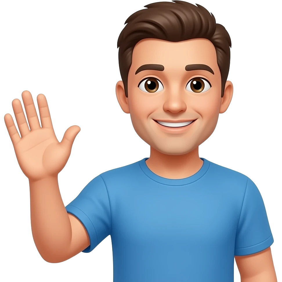 Persona varon con playera azul saludando emoji
