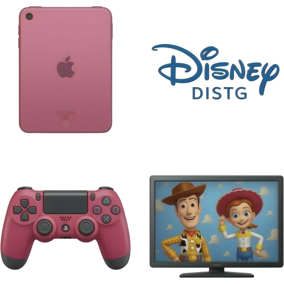 pink ipad, a disney logo beside and playstation 4 hand control, a tv with toy story on (woody and jessie) symbolizes screen time emoji