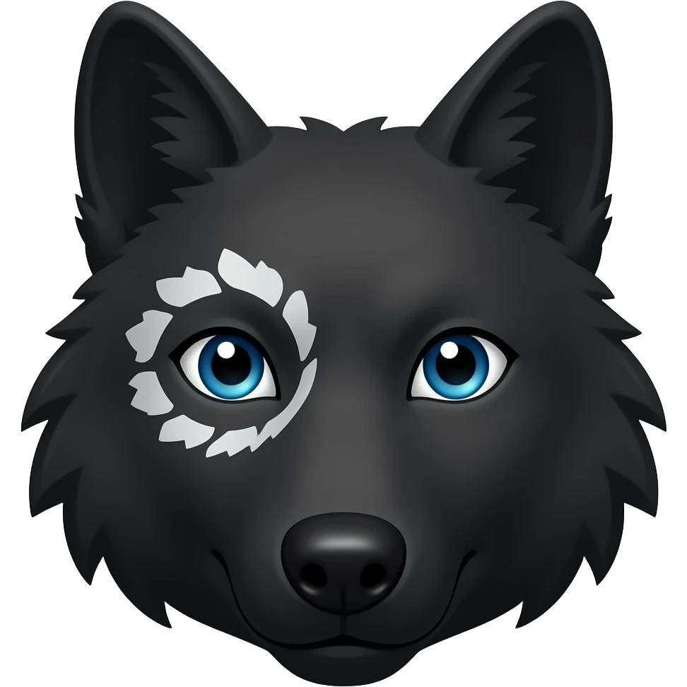 black wolf with blue eyes and greyish white markings over the left eye around the eye emoji