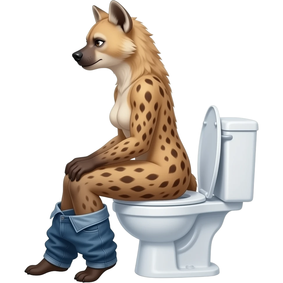 Female Hyena furry woman sit on toilet pants off,side view,fursona emoji