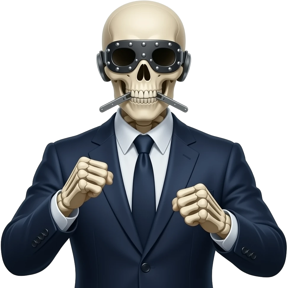 a skeletal figure wearing a suit who embodies the phrase "See no evil, hear no evil, speak no evil" as well as a symbol of censorship. His eyes are covered by a riveted-on visor, his mouth is clamped shut and his ears capped. He stands ready to fight emoji