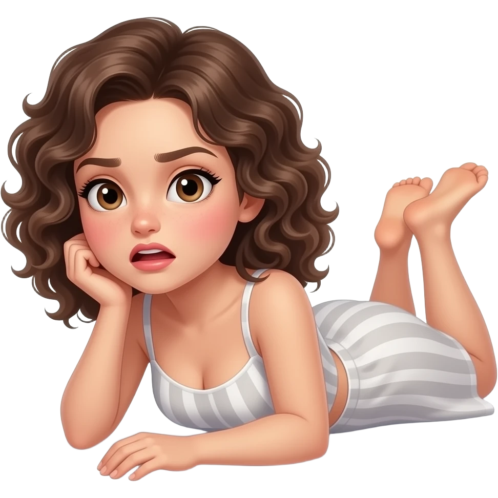 Girl who has pale skin blushing really hard wearing a dress with curly medium hair she's laying on the bed stomach on the ground and a mad in the bed on her ass emoji