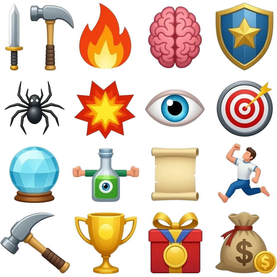 🪓, ⚔️, 🗡, 🔨, 🔥, 🧠, 🛡, 🕷, ✨, 💥, 💨, 🎯, 🧿, ❤️, 💪, 🤸, 👁️, 🏃, ⚡, 🏳, 🔄, 🔎, ⛏, 🔮, 🧪, 📜, 🛠, 🔨, 🏆, 👑, 🏅, 🎁, 💰, 🪙 сделай эти смайлики для моей игры в фентези стиле, моя игра мрачная с фиолетовыми оттенками emoji