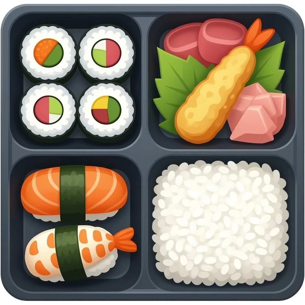 dark grey bento box top view with compartments filled with Japanese food emoji