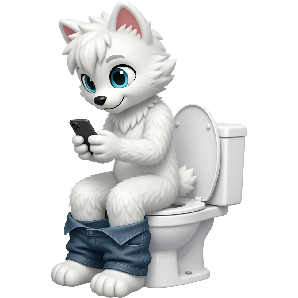 white fursuit sitting on toilet, side view, pants down, looking down at phone emoji