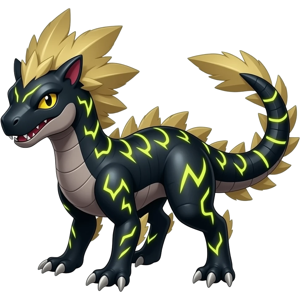 Shiny edgy cool badass electrical Raptorik feathery spicy Furry scaly oily black with neon-markings Salandit-Salamence-Ekans-Seviper-Rapidash-Salazzle-Fakemon-hybrid emoji