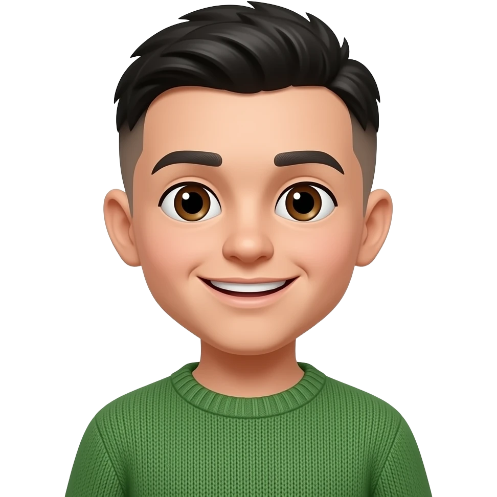 Half body emoji of a boy with shaved hair and black forelock, dark brown eyes, smiling, missing two front teeth, in green sweater emoji