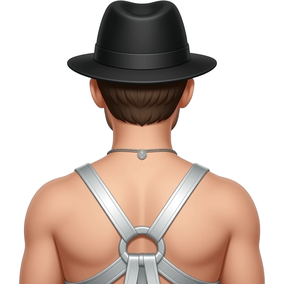 Michael Colyer from behind with black hat, white metallic loincloth, shirtless with necklace emoji